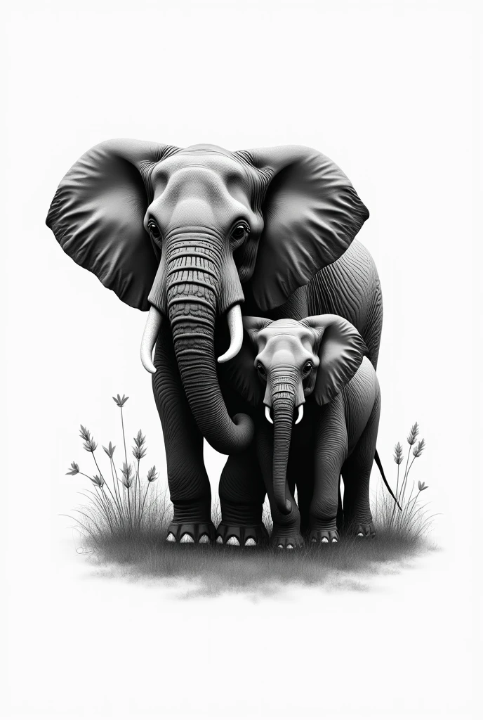 Create me an elephant tattoo that refers to mother and daughter, that represents a serious love without many details in black