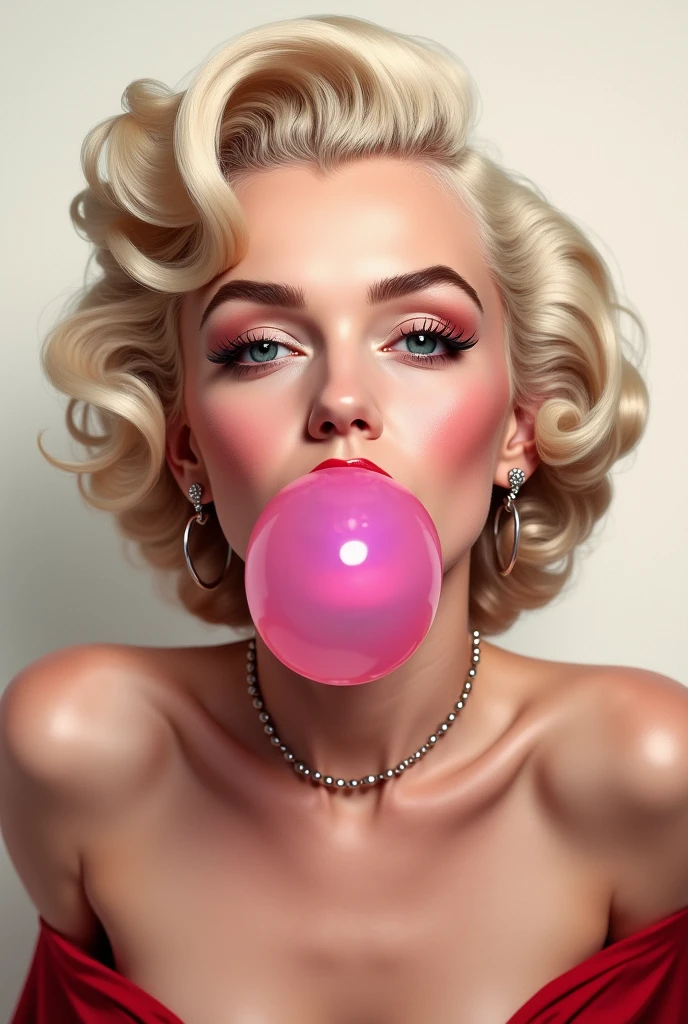 RAW Marilyn Monroe blow bubble gum, looks at the camera, blonde, open shoulders, mole, light background, bokeh, ornate background. <lora:Bubble Gum_v2.0:0.6>