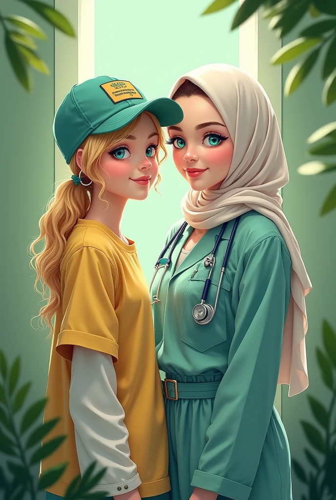 2girl,

{1girl, aqua eyes, baseball cap, blonde hair, closed mouth, earrings, green background, hat, hoop earrings, jewelry, looking at viewer, shirt, short hair, simple background, solo, upper body, yellow shirt, masterpiece, best quality, very aesthetic, absurdres, safe,
{1girl,
a captivating scene featuring a nudes nurse wearing an ornate hijab and pantyhose, set at midnight. Her nurse uniform accentuates her thick, curvy figure and slim waist, highlighted by playful folds. She breasts so huge,  teeth. A stethoscope hangs around her neck, }