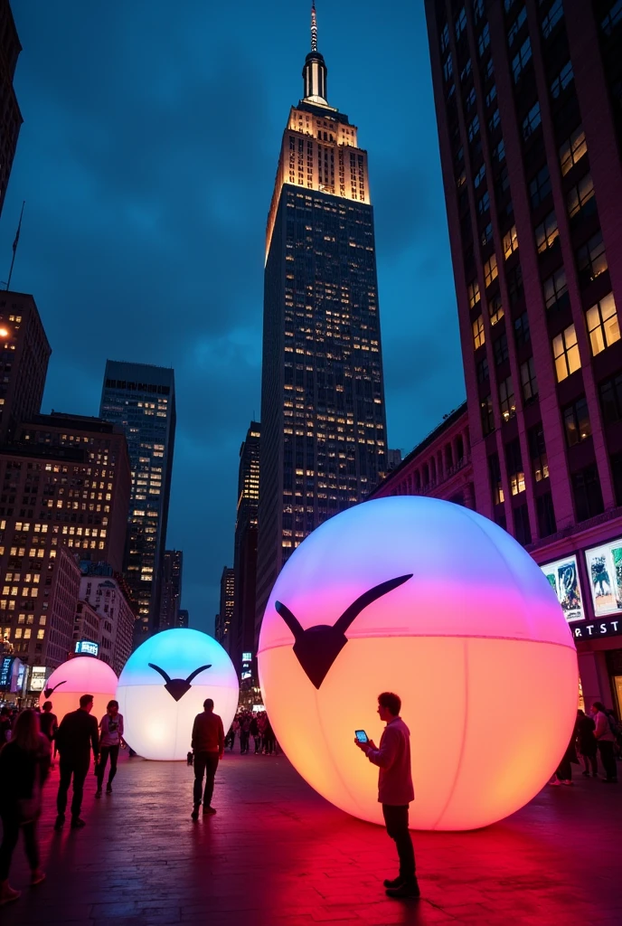 Stage background terraza de edificio durante desfile de globos gigantes por la calle una tarde soleada en new york, globos de pokemonnen estilo de video juego