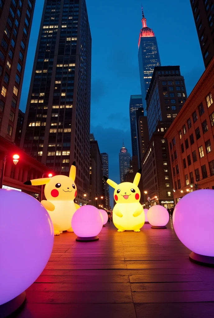 Stage background terraza de edificio durante desfile de globos gigantes por la calle una tarde soleada en new york, globos de pokemonnen estilo de video juego