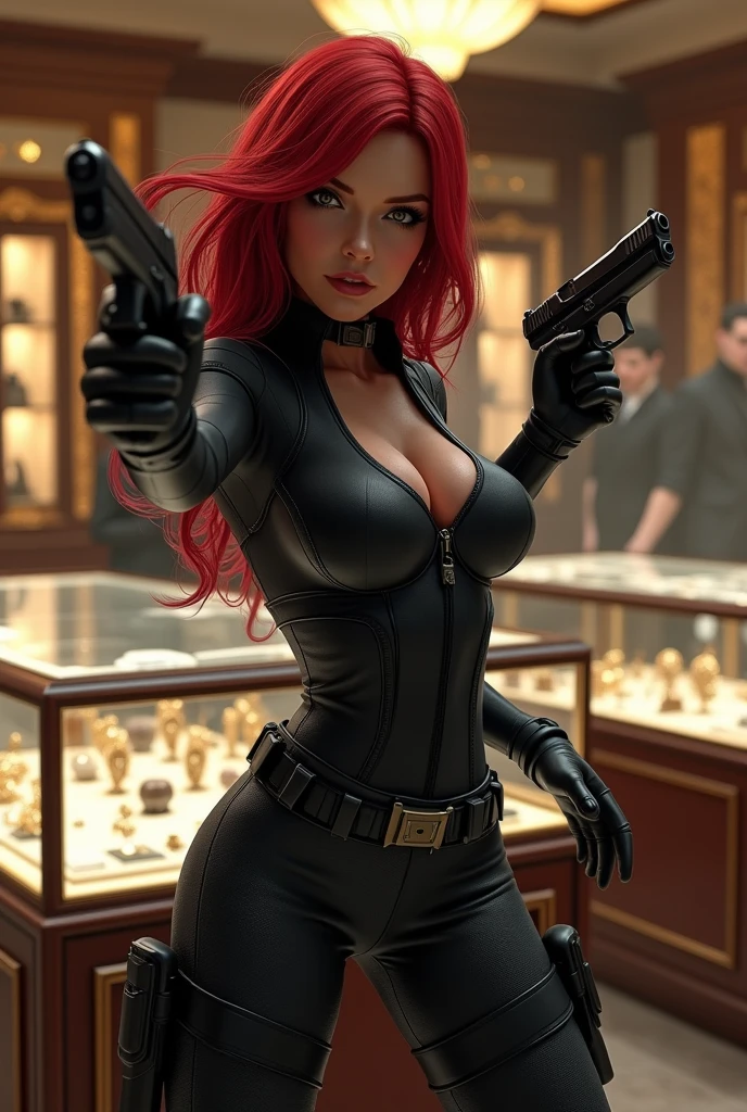 Une famme qui porte un cosplay de Black widow en des pistolet et qui font un braquage dans une bijouterie avec des sac pour ramasser les bijoux 