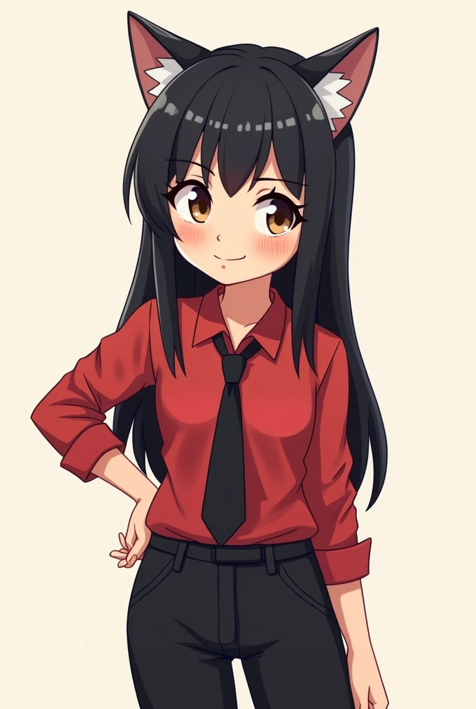 Cartoon style of a girl wearing a red blouse with a black tie, Black pants, have the Wolf cut, that she is black-haired and has brown eyes