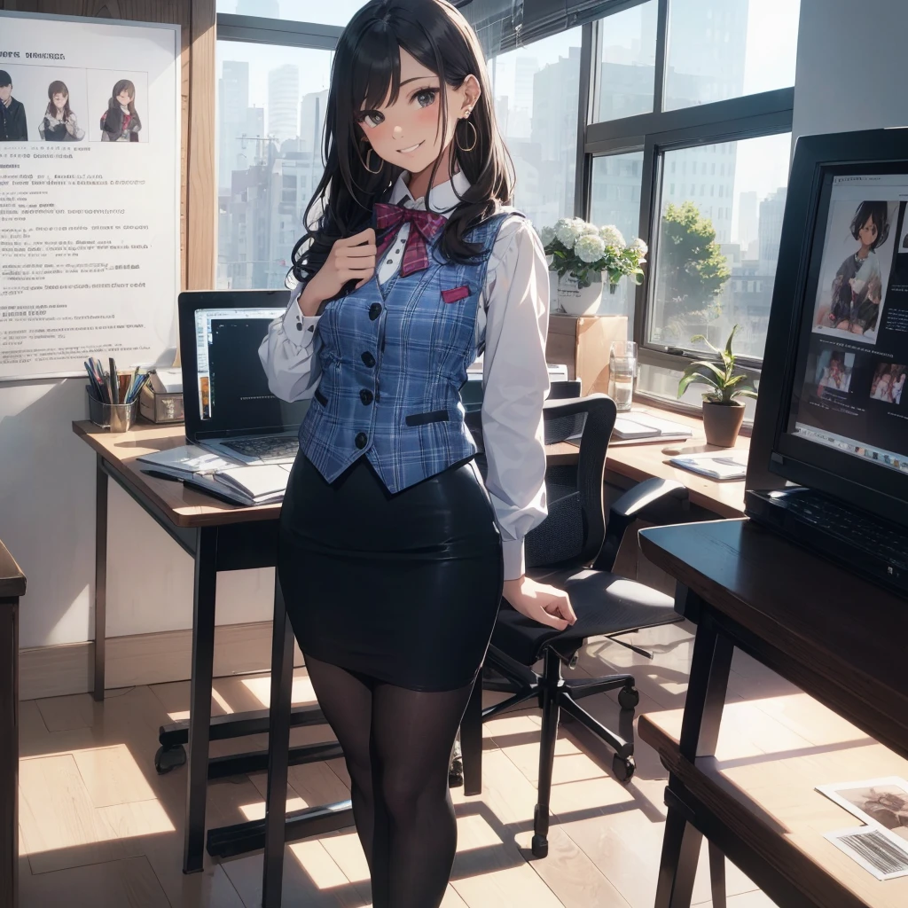 (Best Quality, Masterpiece),Wearing a pink plaid vest, White short sleeved shirt, Gray pencil skirt, Wear stiletto heels, Necklace, earrings, Cute face, Smile, Blushing, Shyness, Glass wall, Ultra Detail, Realistic, Front view, Whole body, stunning, cute, warm smile, hourglass figure, apron, text, chart, advertising, magazine title(Best Quality, Masterpiece), Mag((((1ladyl,)))) (masterpiece), (realistic), (best quality), (ultra-detailed), (wearing in [[white and gray check pattern]] Vest worn over white collared long-sleeved shirt:1.4), (gray vest with buttons:1.2), (Pink Theme:1.2), (blue ribbon ribbon:1.3), (Black theme:1.4), (Tight black pencil skirt:1.5), ((Brown pantyhose)), (high-heels:1.1),longskirt,office desk, office chair,Lulubre Unity 8K Wallpaper, pantyshot, long brown hair, office lady Magazine Cover, 1girl,  amazing, girl, 30 years old, house wiife, warm smile, hourglass figure, text, chart, advertising, magazine title
