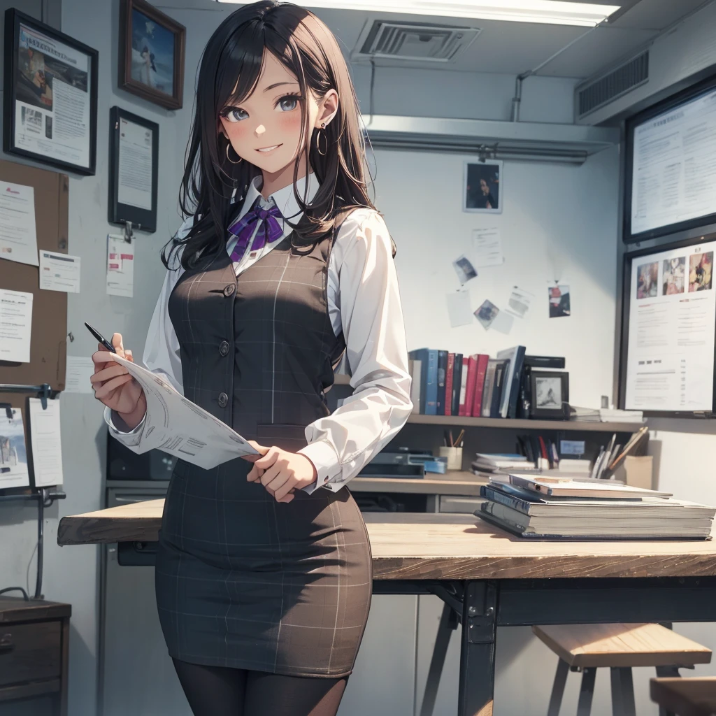 (Best Quality, Masterpiece),Wearing a pink plaid vest, White short sleeved shirt, Gray pencil skirt, Wear stiletto heels, Necklace, earrings, Cute face, Smile, Blushing, Shyness, Glass wall, Ultra Detail, Realistic, Front view, Whole body, stunning, cute, warm smile, hourglass figure, apron, text, chart, advertising, magazine title(Best Quality, Masterpiece), Mag((((1ladyl,)))) (masterpiece), (realistic), (best quality), (ultra-detailed), (wearing in [[white and gray check pattern]] Vest worn over white collared long-sleeved shirt:1.4), (gray vest with buttons:1.2), (Pink Theme:1.2), (blue ribbon ribbon:1.3), (Black theme:1.4), (Tight black pencil skirt:1.5), ((Brown pantyhose)), (high-heels:1.1),longskirt,office desk, office chair,Lulubre Unity 8K Wallpaper, pantyshot, long brown hair, office lady Magazine Cover, 1girl,  amazing, girl, 30 years old, house wiife, warm smile, hourglass figure, text, chart, advertising, magazine title