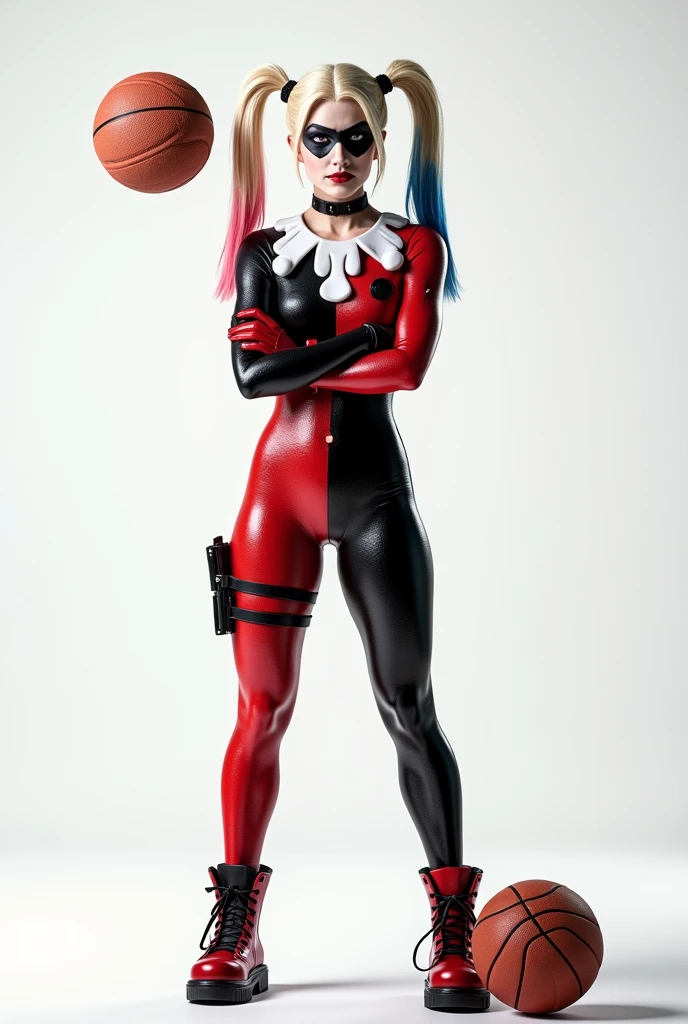 Harley Quinn with her hands crossed, with white background with basketball ball