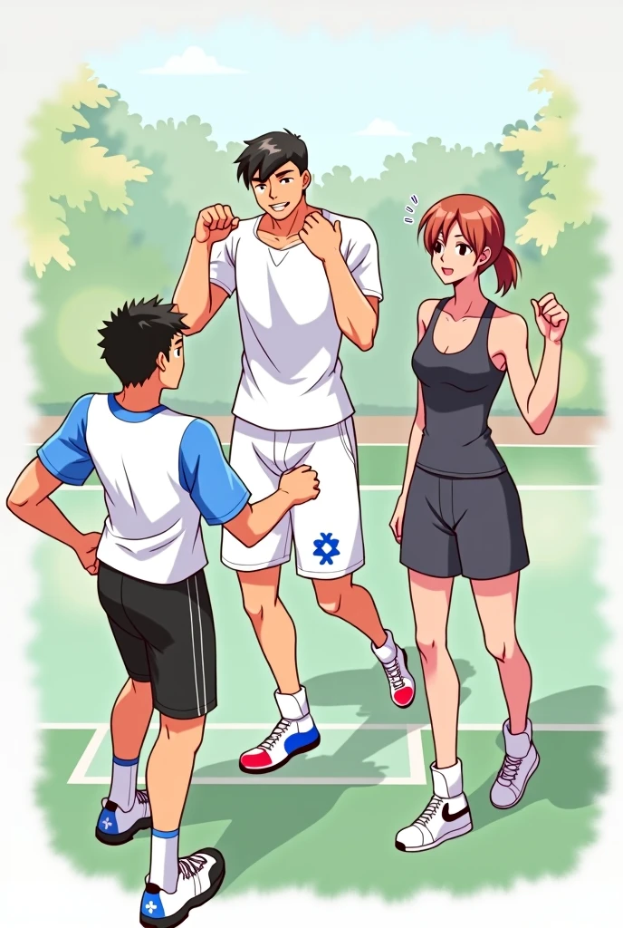 It seems that Cristian and Israel like different sports. Cristian prefers football (soccer), while Israel enjoys playing tennis. Everyone has their own favorite sport..
France laughs at them because she does quitboxing Cristian wears a white t-shirt with black shorts Israel wears a white t-shirt with blue sleeves and white shorts