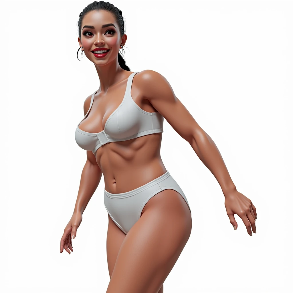 (masterpiece, best quality)), ((((perfect anatomy)))), Curvy Brazilian woman with tied back black dreadlocks, dark eye-shadow, dark red lipstick, dark brown eyes, white bra , (((white high cut cotton panties))), smiling, big hips, walking around in a locker-room, (((photo realistic 3D game model)))