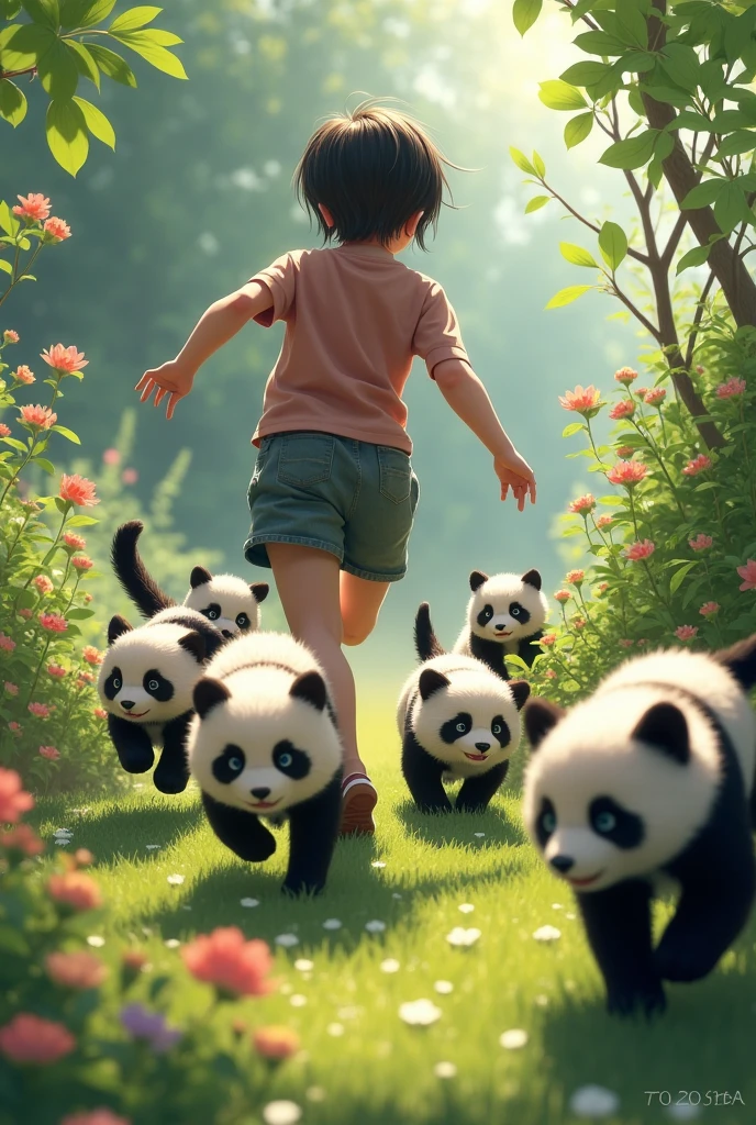high resolution、high quality、Real、Realistic、Realな質感、Realistic、Super detailed、High resolution、Playing with cats、garden、Hair short、running、Panda、
