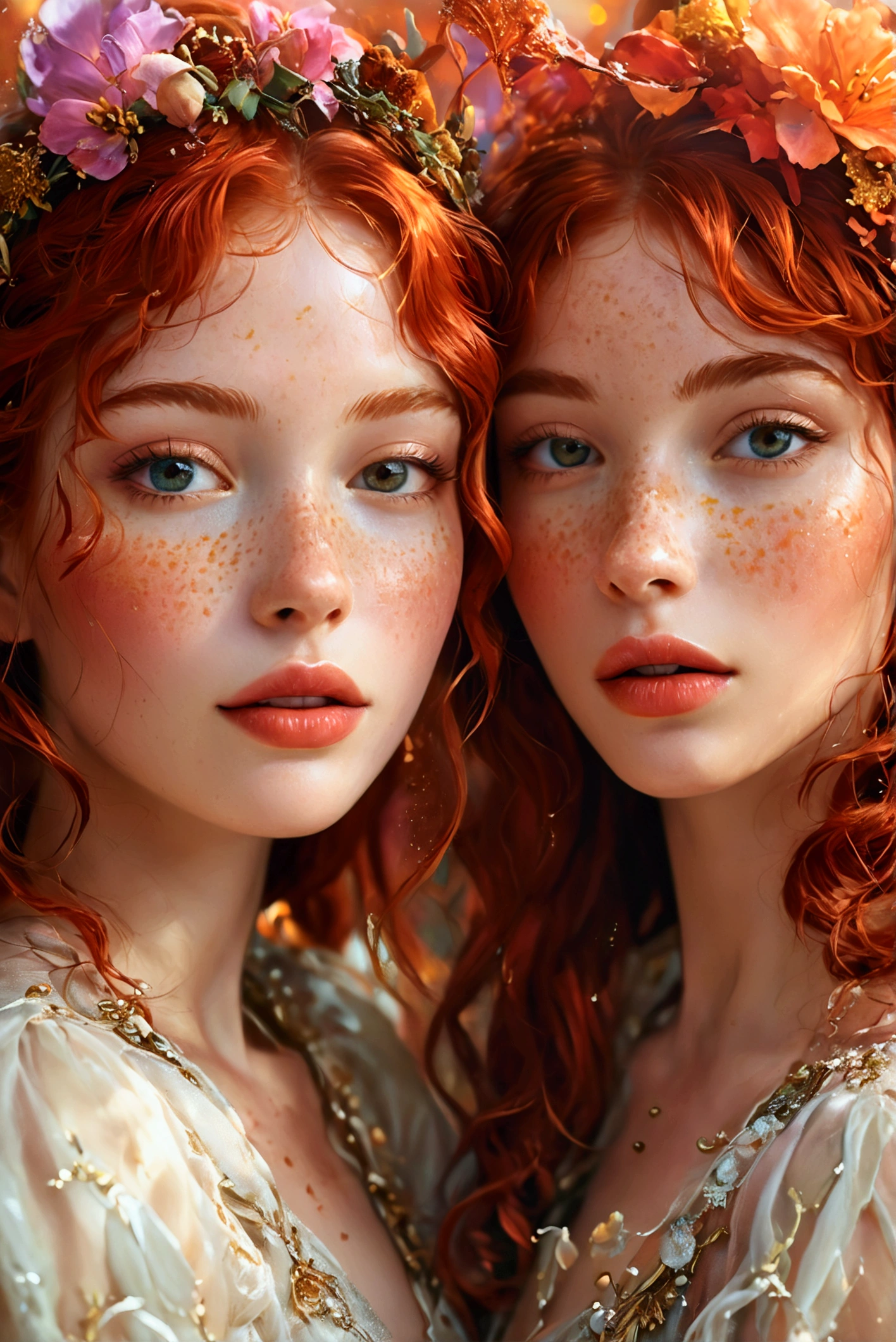 A beautifully detailed portrait of two joyful girls celebrating, their skin glowing with a vibrant, melting color palette, one with fiery red hair and freckles, the other with warm, rich brown skin, long eyelashes and full lips, both adorned in vibrant, flowing dresses, surrounded by a dreamlike, ethereal background of swirling, vibrant colors, masterfully rendered with a high level of detail and realism, soft lighting and a romantic, whimsical atmosphere.