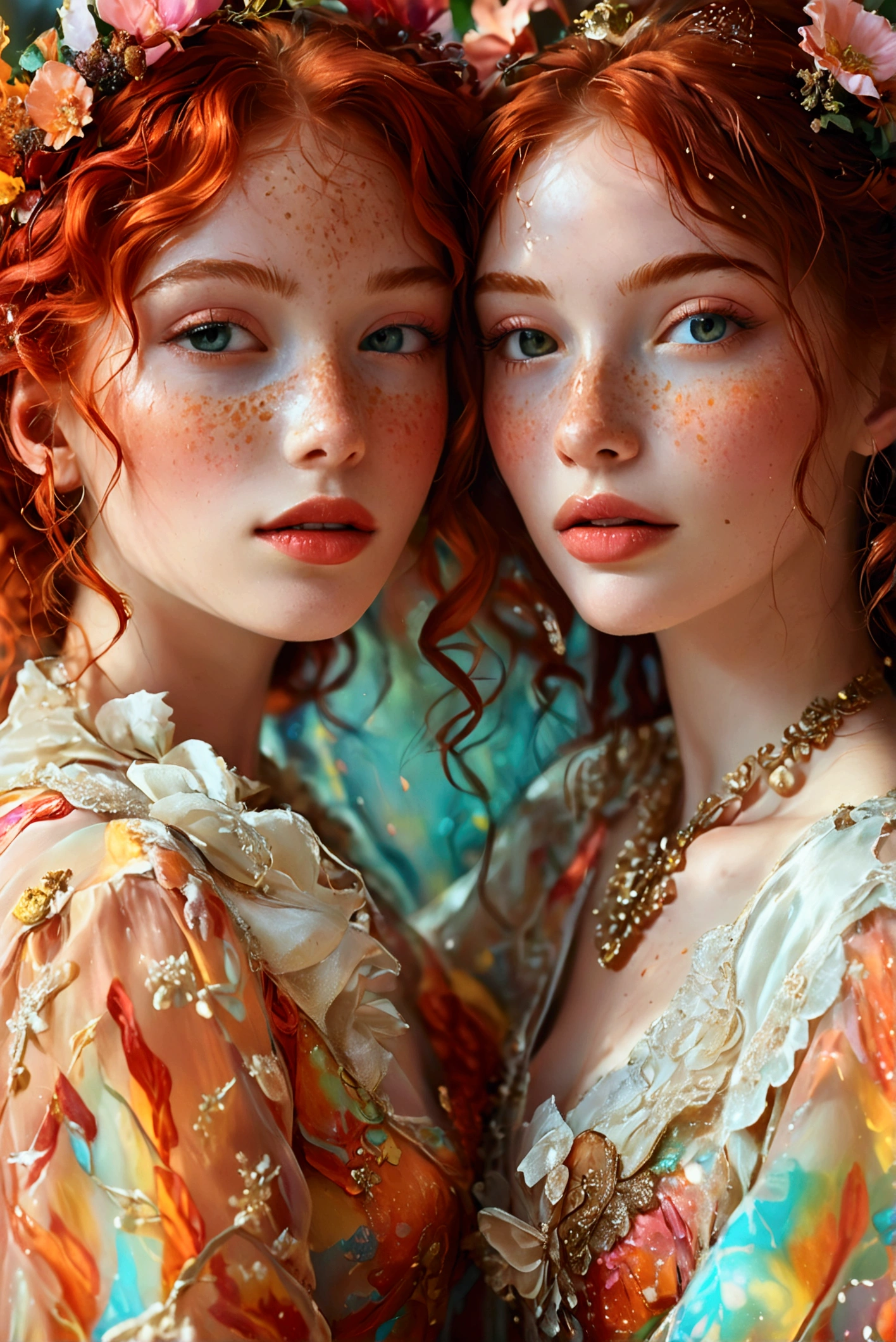 A beautifully detailed portrait of two joyful girls celebrating, their skin glowing with a vibrant, melting color palette, one with fiery red hair and freckles, the other with warm, rich brown skin, long eyelashes and full lips, both adorned in vibrant, flowing dresses, surrounded by a dreamlike, ethereal background of swirling, vibrant colors, masterfully rendered with a high level of detail and realism, soft lighting and a romantic, whimsical atmosphere.