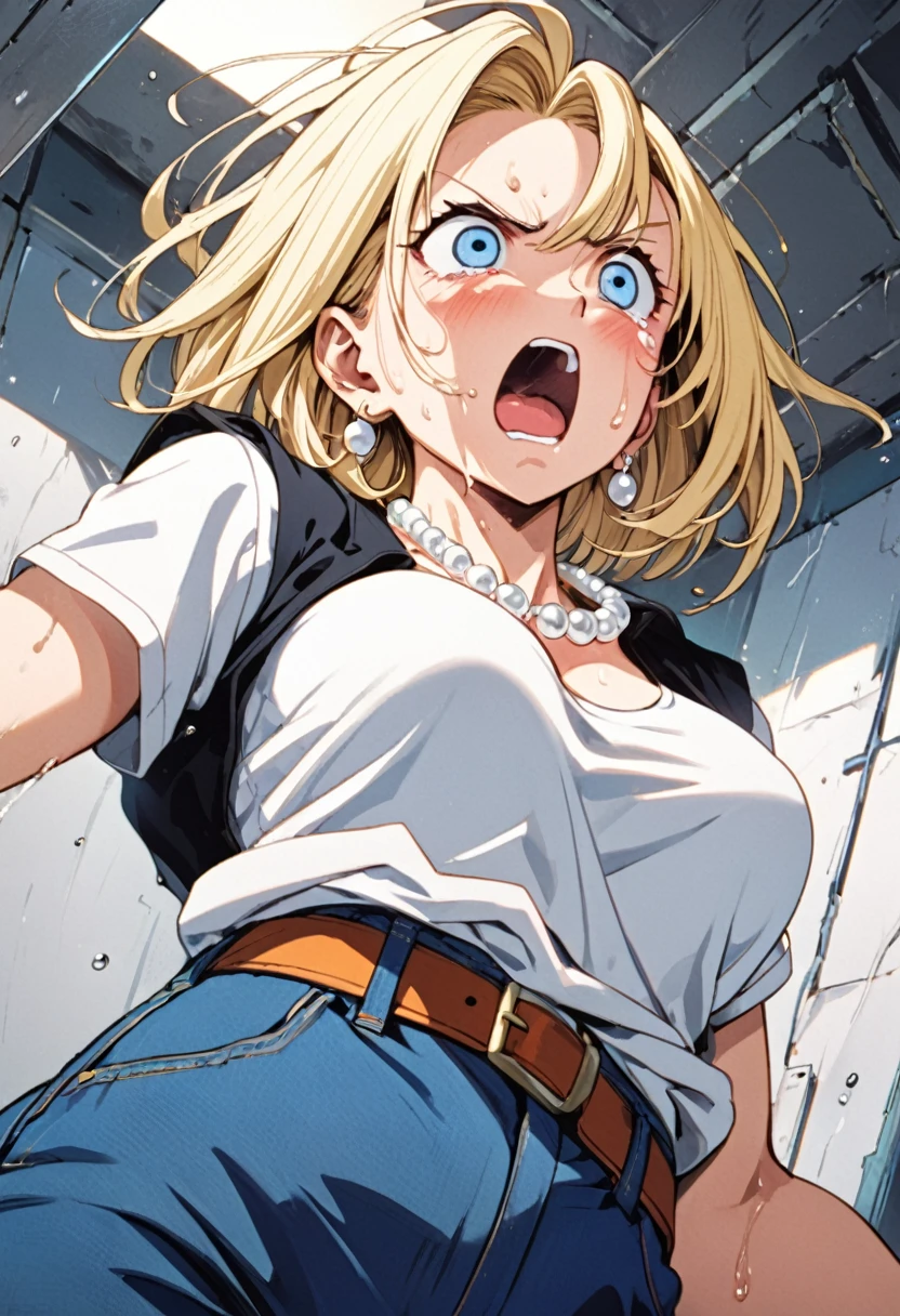 masterpiece, Highest quality, High resolution, (Artificial Human Room No. 18),1990s \(style\),(E-cup beautiful breasts)、height: 170cm,Sweating all over the body、vapor、Muscular、((sexy))、(sex),(nsfw),(M-shaped legs),Sweaty、(Breasts spilling out of clothes),独奏,Anime-style painting style, blonde hair, Blue eyes, belt, jeans, pearl_necklace, bracelet, black gloves, white shirt, short hair, short sleeves, earrings, blue short pants, open vest, black vest,middle breasts,Composition focusing on the upper body,(Cool face)、(Pointed eyes),Crying face,Scream,Prone
