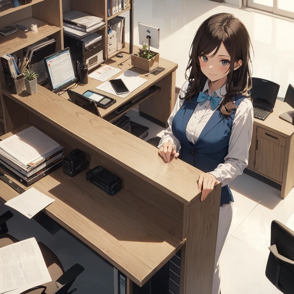 1lady solo, sitting, (from above), office worker, ((blue vest) over white dress shirt), mature female, /(dark brown hair/), kind smile, (masterpiece best quality:1.2) delicate illustration ultra-detailed, large breasts,bowtie BREAK (modern office) indoors, (reception desk), entrance, detailed background