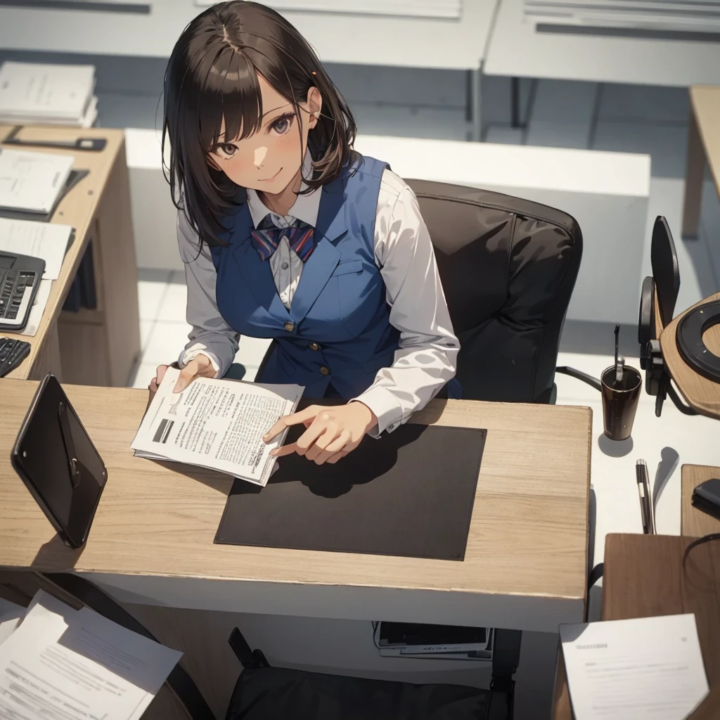 1lady solo, sitting, (from above), office worker, ((blue vest) over white dress shirt), mature female, /(dark brown hair/), kind smile, (masterpiece best quality:1.2) delicate illustration ultra-detailed, large breasts,bowtie BREAK (modern office) indoors, (reception desk), entrance, detailed background