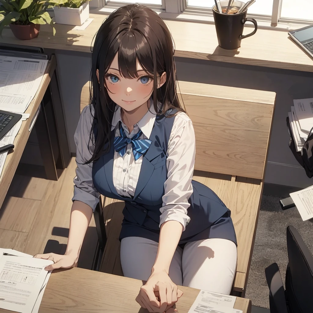 1lady solo, sitting, (from above), office worker, ((blue vest) over white dress shirt), mature female, /(dark brown hair/), kind smile, (masterpiece best quality:1.2) delicate illustration ultra-detailed, large breasts,bowtie BREAK (modern office) indoors, (reception desk), entrance, detailed background