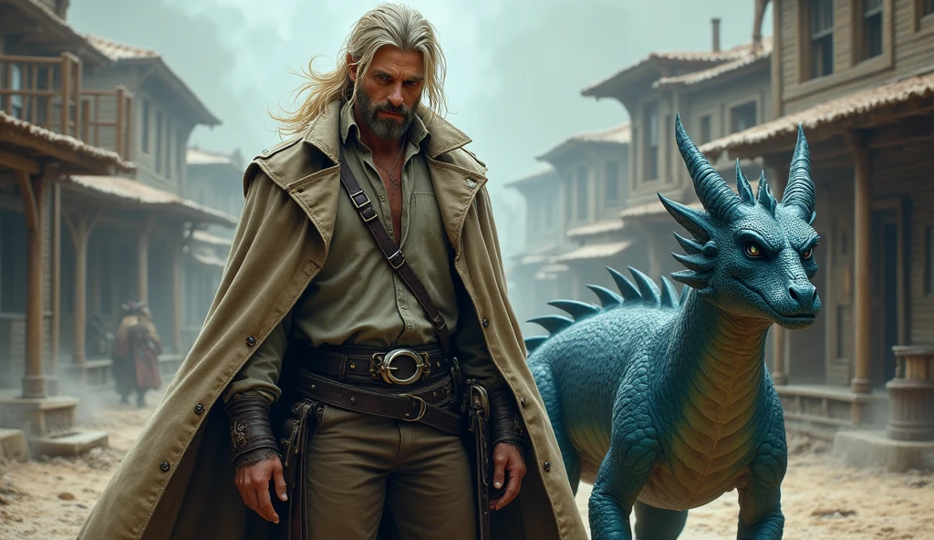 This time, the character is a 1.75-meter tall man with long blonde hair tied in a small ponytail at the back, an unkempt beard, and blue eyes. He has piercings in his right ear and wears a wanted cape that looks like a trench coat with a hood behind it to hide if necessary. Underneath, he wears a wrinkled shirt, pants with a belt buckle, and carries two swords, one on each side of his waist. A special detail is that he has Thempestus, the storm dragon, with him, granting him incredible electrical powers. Even though he is very powerful, he appears somewhat sloppy and lazy. He is handsome but has a tired look as if he is weary of everything. He tends to walk slightly hunched forward and prefers to finish his tasks quickly to have more free time. I would like it to be in a mature style, with the art set in a fantasy and RPG style, situated in the Old West
