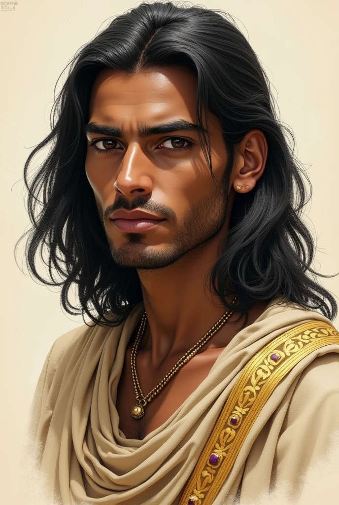Drawing of a man of ancient Egyptian origin, 30 years old, dark skin, straight dark hair 