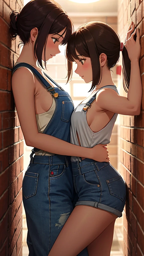 In an intimate and NSFW moment, The two eighteen  girls found themselves pressed against each other., Their bodies close enough to feel the heat radiating between them. A girl was trapped against the wall., his arms raised above his head, surrender to the touch of the other. The other girl held her by the waist, his hand slipping under his overalls shot, Their gazes locked deeply into each other&#39;s eyes.. With seductive expressions playing on their faces., explored this forbidden moment, short overalls, barefoot, Their hearts beating with desire, kissing. a beach.