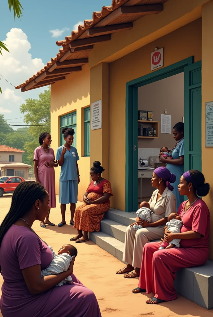 Frontage of African Igbo maternity hospital with pregnant women sitting, babies crying and mothers in the labor room with nurses