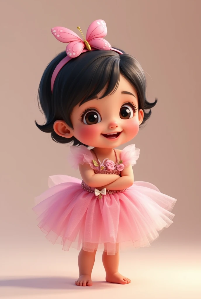 Create one year old baby image, De pele clara, dark shaped eyes, fly away, short dark hair. Wearing a pink princess dress with butterfly details. Full-body image. Pixar-style. standing. chubby. With butterfly ornament on the head