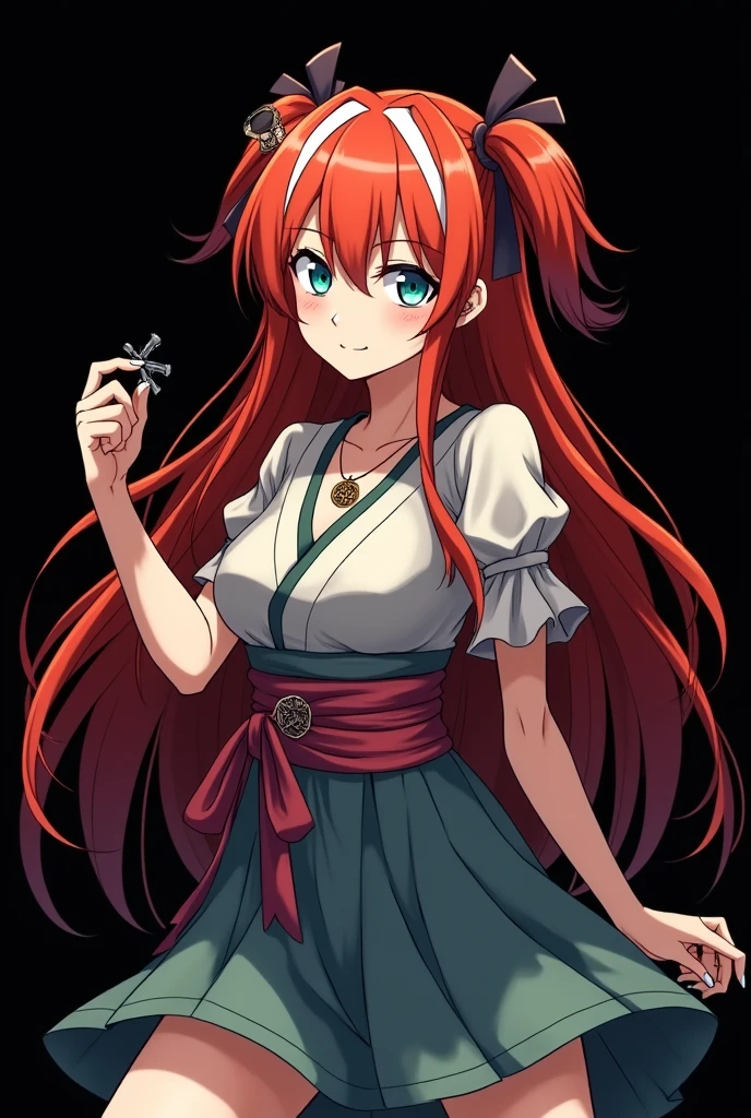 A full-body image of an  girl named Mai Yamamoto, personagem do anime "Demon Slayer", with long, straight, fire-colored hair with two white streaks highlighted in the front, framing your face. She has blue-green eyes and pale skin.. she is a Wiccan, she is in fighting pose. She wears a pentagram necklace and beautiful feminine Japanese clothes, she holds a nail hammer and small nails.  Animation by Koyoharu Goutoge. black backdrop.