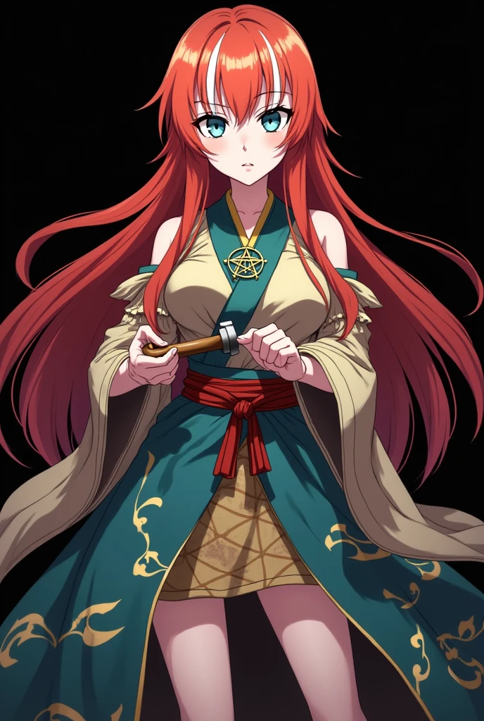 A full-body image of an girl named Mai Yamamoto, personagem do anime "Demon Slayer", with long, straight, fire-colored hair with two white streaks highlighted in the front, framing your face. She has blue-green eyes and pale skin.. she is a Wiccan, she is in fighting pose. She wears a pentagram necklace and beautiful feminine Japanese clothes, she holds a nail hammer and small nails. Animation by Koyoharu Goutoge. black backdrop.