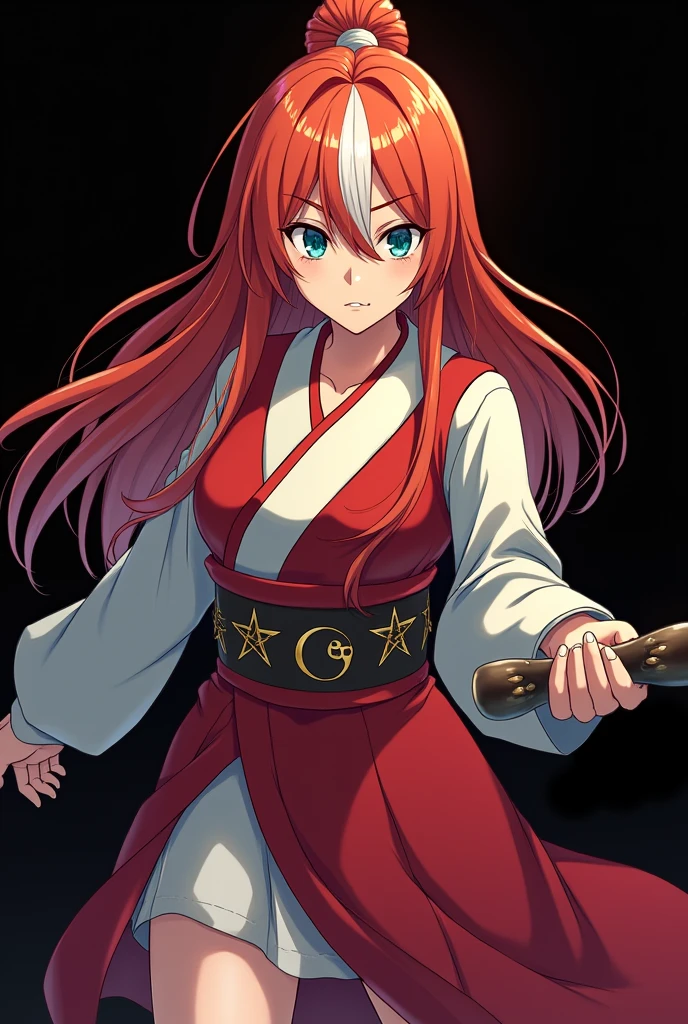 A full-body image of an girl named Mai Yamamoto, personagem do anime "Demon Slayer", with long, straight, fire-colored hair with two white streaks highlighted in the front, framing your face. She has blue-green eyes and pale skin.. she is a Wiccan, she is in fighting pose. She wears a pentagram necklace and beautiful feminine Japanese clothes, she holds a nail hammer and small nails. Animation by Koyoharu Goutoge. black backdrop.