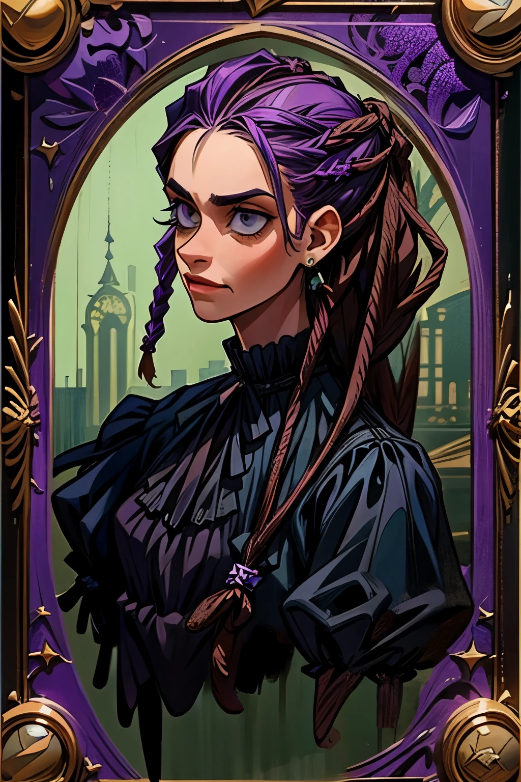 A gothic black man, , , with a dread hair, , , villain, , , black clothes with purple detail, , , the clothes follow a Victorian style.