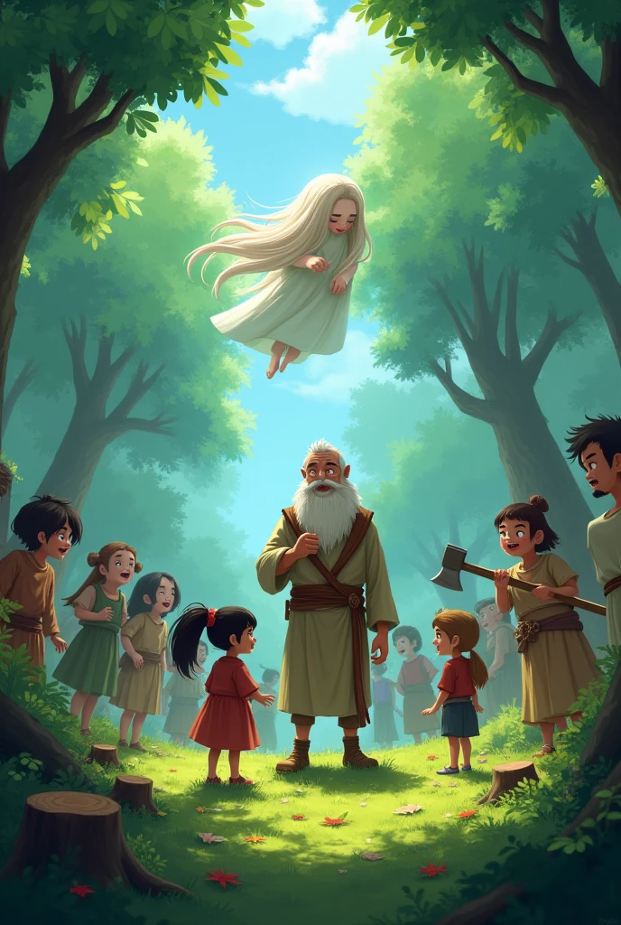 A group of villagers is seen cutting down trees in a lush green forest. Ali, a tall and wise-looking man, stands in front, looking shocked and confused. Beside him are Minoo and Robi, two young girls, looking concerned. Windy, a mystical wind spirit with flowing hair and a gentle aura, hovers nearby. The villagers appear remorseful, with some looking down and others nervously holding axes. The atmosphere is tense, with fallen trees and stumps scattered around.