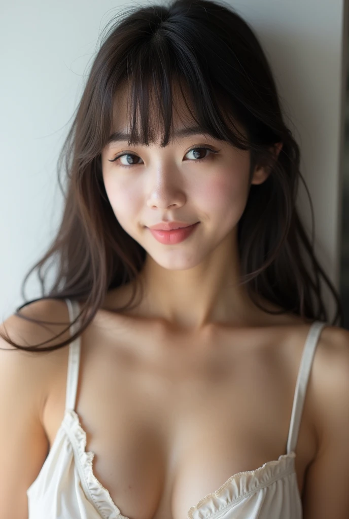 Create a picture of a cute japanese girl long hair have a bang age about 20 years old showing her vagina