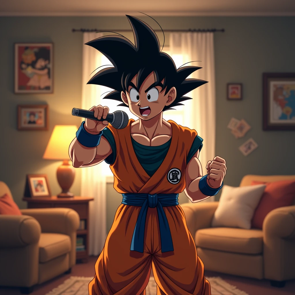 Goku in his living room with a microphone in his hand