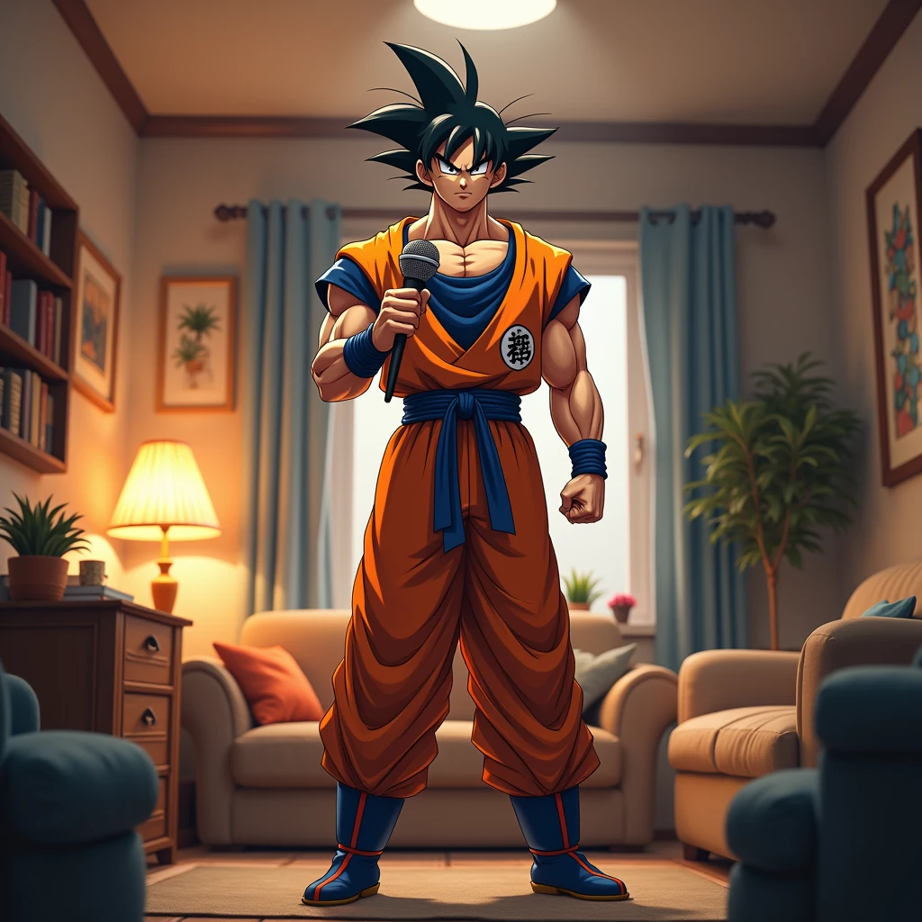 Goku in his living room with a microphone in his hand