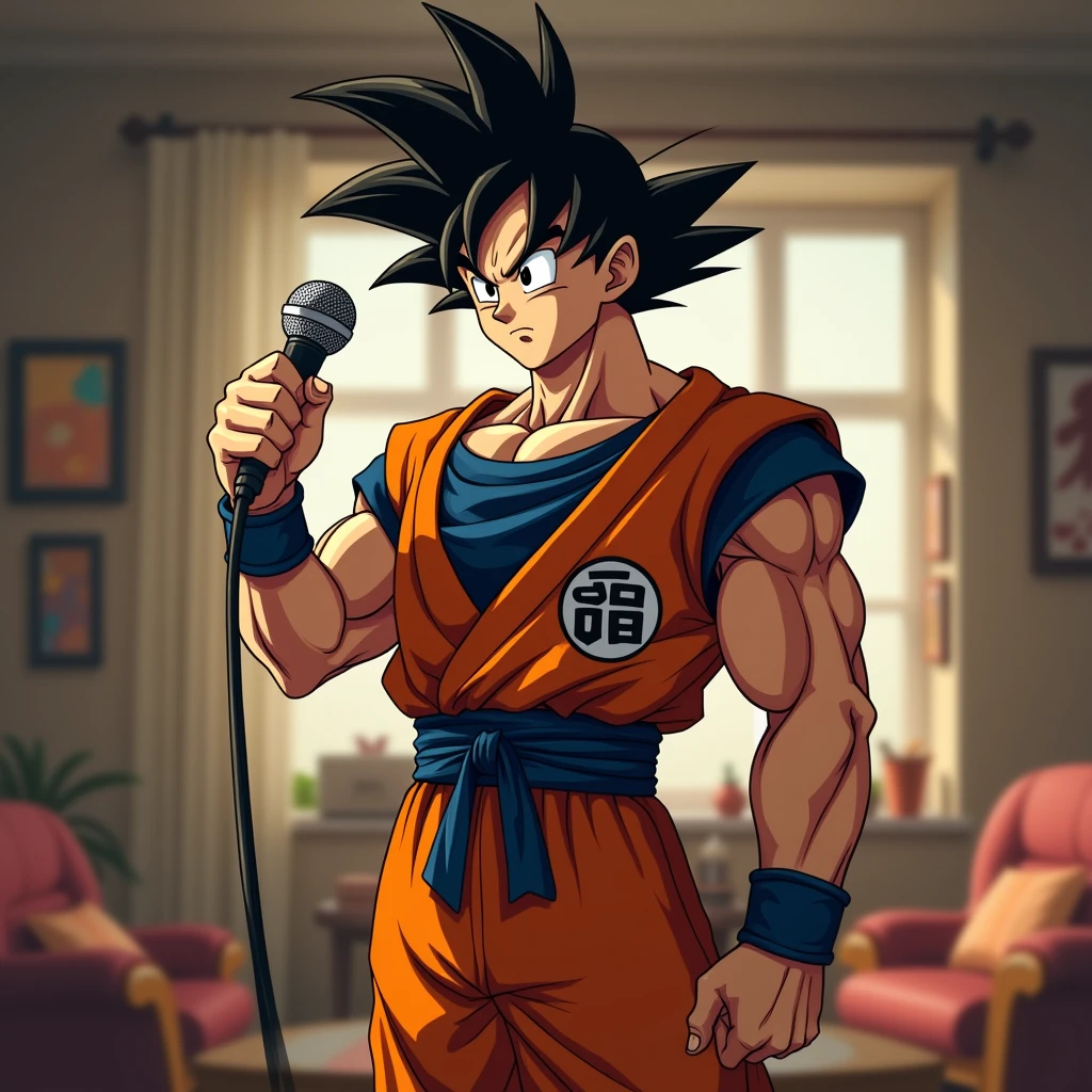 Goku in his living room with a microphone in his hand