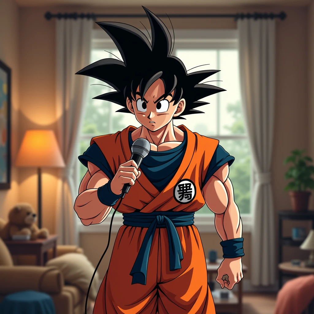 Goku in his living room with a microphone in his hand
