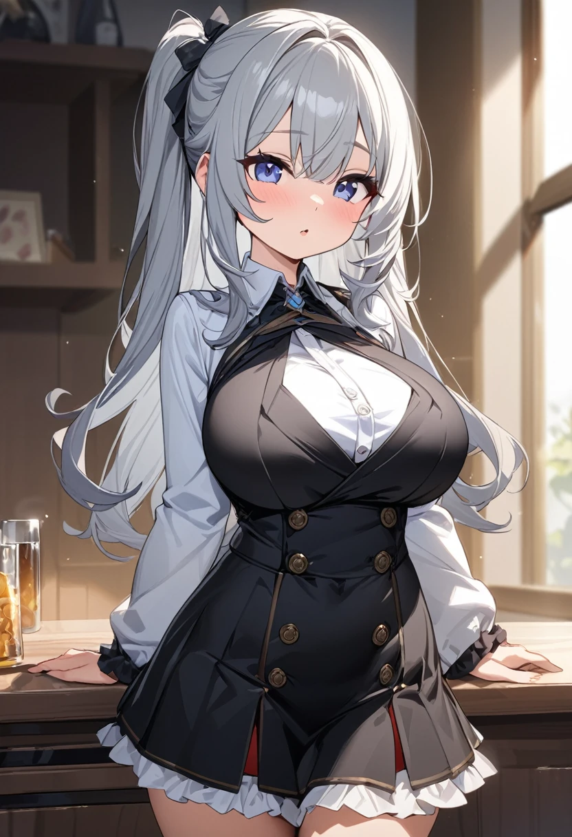 ****************, silver straight long hair, gray eyes, twin tails, large breasts, cleavage, white short-sleeved blouse, high-waisted checkered skirt, black tights, giggling, laughing together, bedroom, on the bed, soft lighting