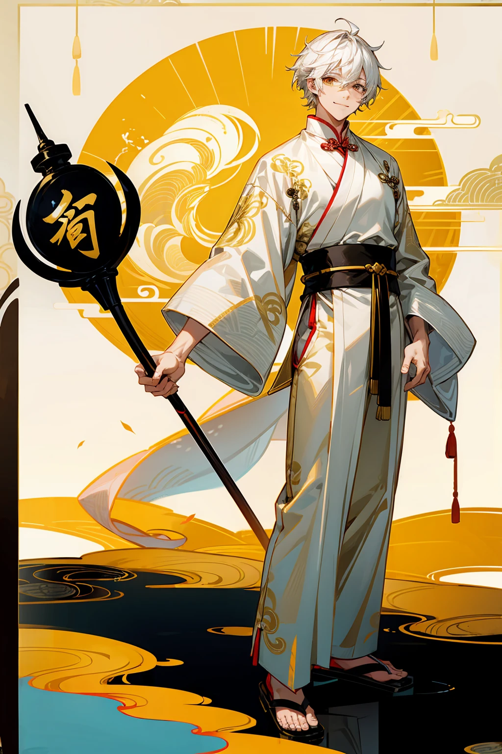 1male, Adult, Golden Colored Eyes, White Hair, Sandals, Smile, Chinese Outfit, Standing On Pond, Staff, Chinese Calligraphy