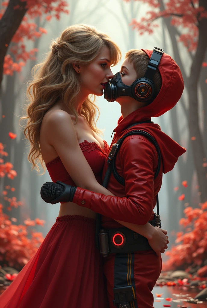 Taylor Swift, realistic, big breasts, microphone, full body & Youg boy with red hoodie, headphones, Star-lord helmet, rocket boots, gas helmet, covered mouth, round red, eyes, front cover, hugging, love, Romance, hug, ficcion, Magic world.??? Star-lord with red hoodie, headphones, star-lord helmet, gas helmet, covered mouth, round red eyes, Red eyes, magic rings in the hands and rocket boots, Fighting, power, fiction, 2 persons, magic lasso, hight, fall