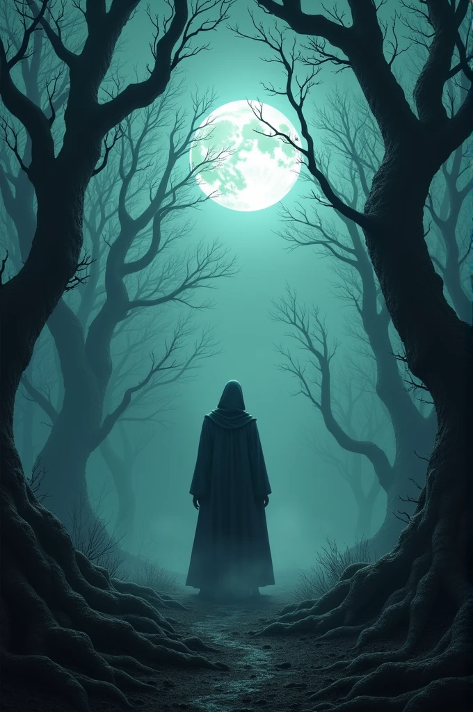 In the dead of night, an enigmatic figure emerges within a spectral forest, where gnarled and twisted trees claw at the sky, their silhouettes bathed in the glow of an ethereal full moon. The air, thick with mist, carries a sense of foreboding. The roots of time-worn trees intertwine with the earth, as if guarding the whispered secrets of the ages. This eerie tableau evokes tales of folklore and fantasy, inviting the observer into a world where shadows reign supreme, and each step may lead to the realm of the supernatural.