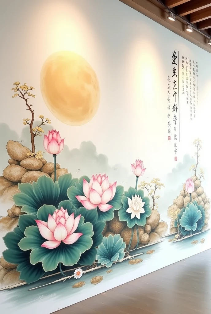 Hello tomorrow I have to bring a progress of my project it is about decorating my classroom the wall that I have is big and they want me to decorate it with pure Chinese things and that the theme is the lotus flower please make me a design of a wall with all the requirements that I have mentioned previously illustrate it to me and some parts must be white because it is a wall just some images like a sketch of what to put on the wall with different images remember that the wall is big and has to have more decorations like the title lotus flower and many more things like the Buddha in different spaces as if they were paintings