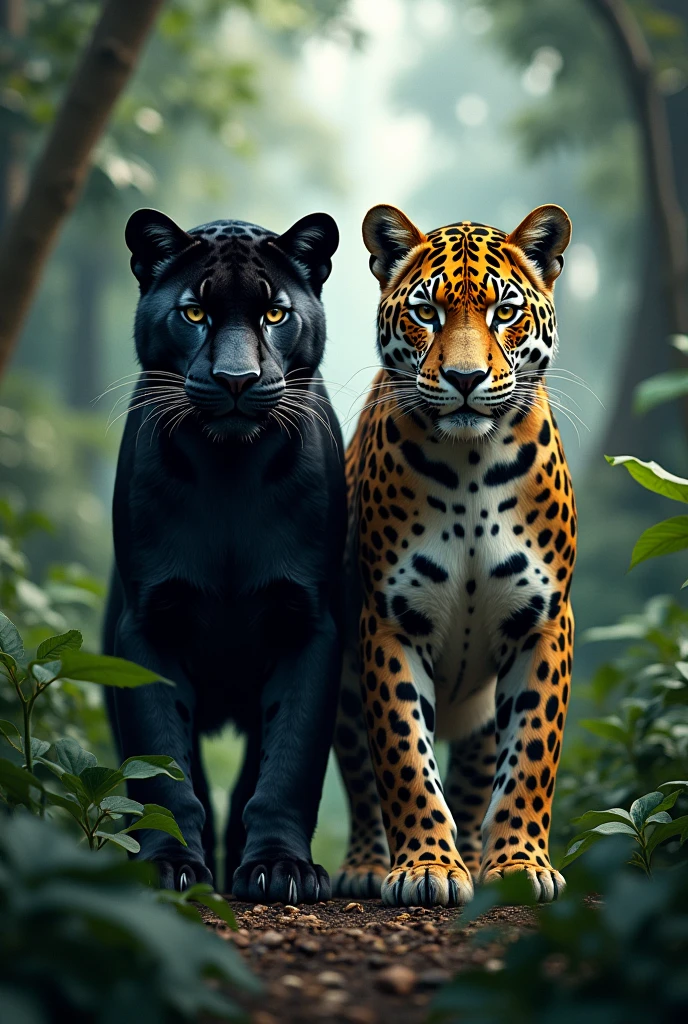 image of two jaguars, one black and the other spotted, next to each other in the forest
