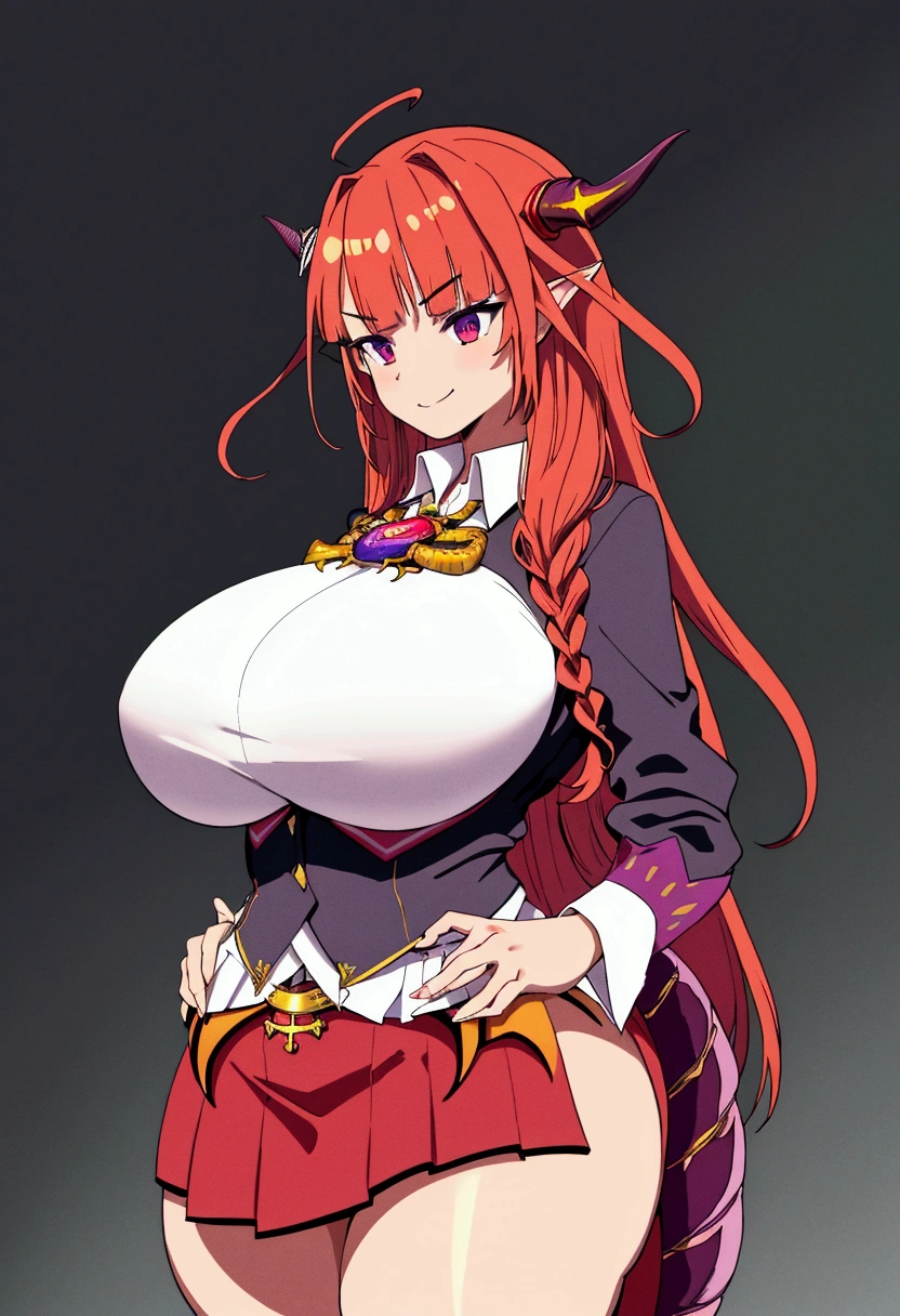 looks straight, feet shoulder width apart, hands on the sides, happy face, turned to face, red mini skirt, White shirt, black unbuttoned blazer, thick thighs, Incredibly huge breasts, tight clothes, purple dragon tail