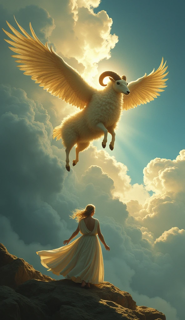 Nefele, goddess of clouds, saving her children Frixo and Hele from sacrifice, Chrysomallus flying through the sky carrying the two siblings away from danger, detailed fantasy scene, dramatic lighting, cinematic composition, vivid colors, (best quality,4k,8k,highres,masterpiece:1.2),ultra-detailed,(realistic,photorealistic,photo-realistic:1.37),dramatic lighting, cinematic composition, vibrant colors, intricate details, epic fantasy, digital painting, highly detailed, Chrysomallus, flying, clouds, siblings, rescue, mythology