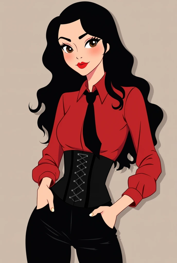Animated style of a girl wearing a red blouse with a black tie, Black pants, that you have the layered cut with wavy hair, that she has black hair and brown eyes and a black corset around her waist. Let her look flirtatious