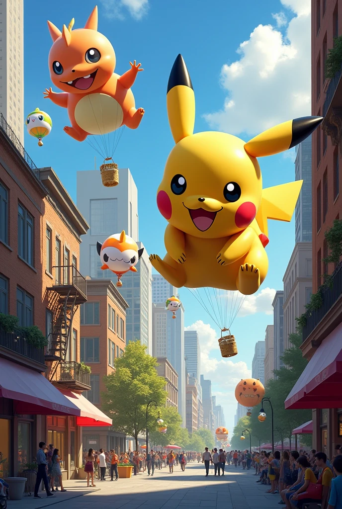 Stage background terraza de edificio durante desfile de globos gigantes por la calle una tarde soleada en new york, globos de pokemonnen estilo de video juego