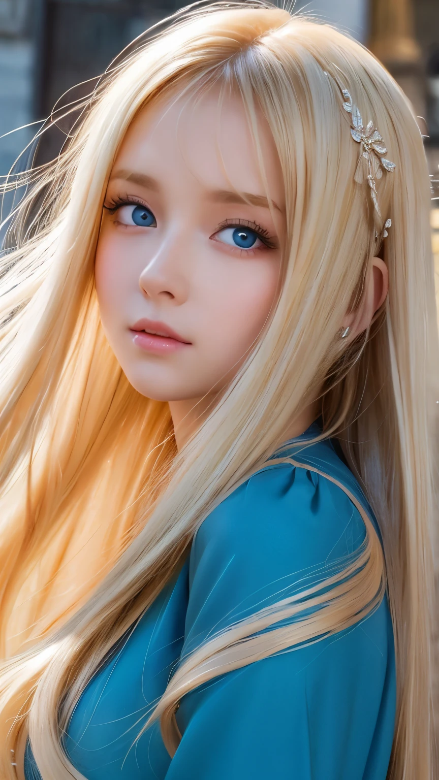Her shiny, super long blonde hair blowing in the strong wind is dazzling and sexy., Cute, sexy, beautiful and small face is dazzling。、Her long, shiny blonde hair dances in front of her beautiful face.、Long, silky bangs that cover the area between the eyes、Super long blonde hair that covers her face、Hair is too long、Sexy and cute young、Super long straight silky hair、Small Face Beauty、Cheek gloss highlighter、Extremely white, bright and beautiful skin、Such beautiful, big, bright blue eyes、Very big eyes、Medieval streetscape、Medieval dress、Very young、child