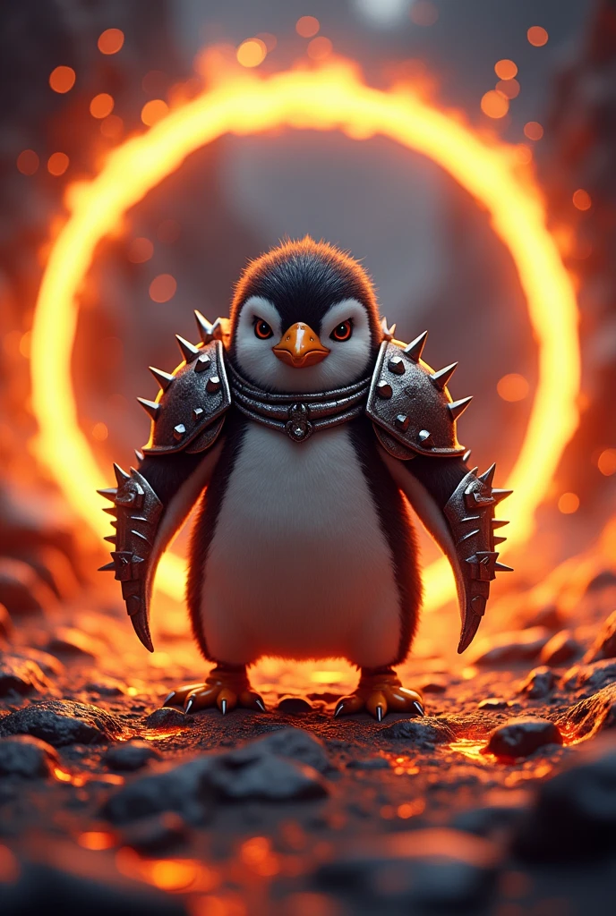 Cute penguin with the look of a killer fighter with spiked armor with a round illuminated frame in bright fire color with a dark background with magma cracks inside the circle that the penguin goes inside the circle