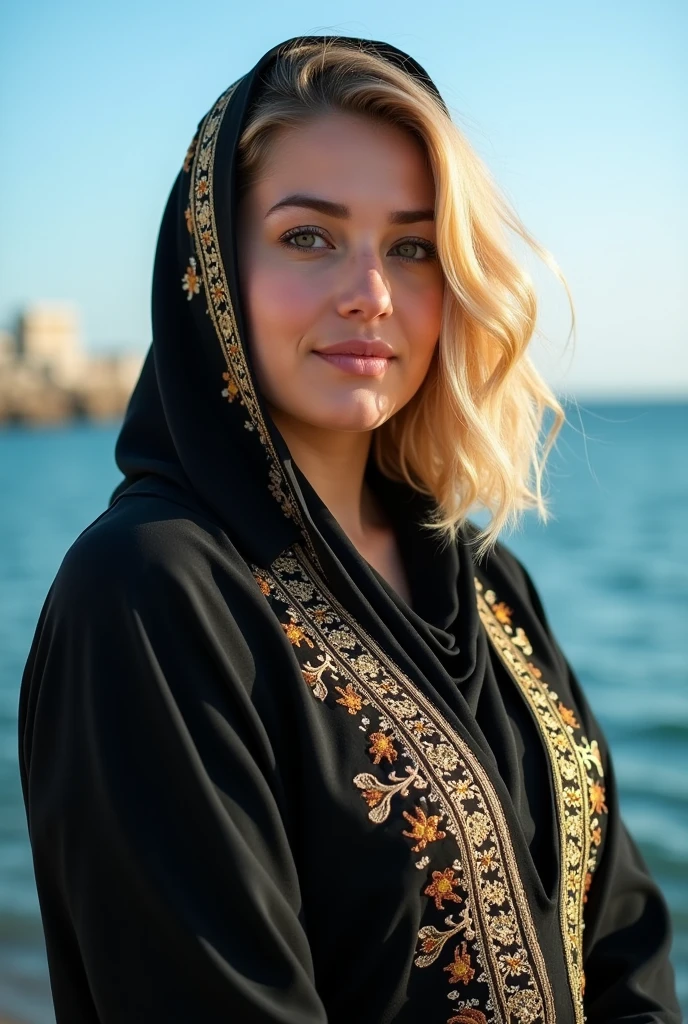 Close up, blonde, plump woman, wearing a black abaya, embroidered in gold, and on her shoulder the Algerian flag scarf in white and green, the Algerian flag is detailed in all its colors and very precise, and she looks directly into the camera, she is standing on the blue sea shore