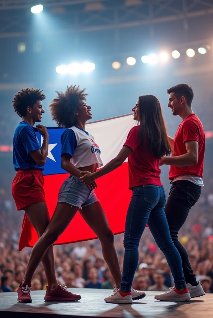 Create a group of 4 people 3 men and 1 woman with an average age of 15 years on a stage with a full stadium two men in the group have to have curly hair the other short, straight, black hair one of the men with curly hair must be of a dark skin tone and the girl straight hair and white skin complexion and they have a Chilean flag and they have clothes