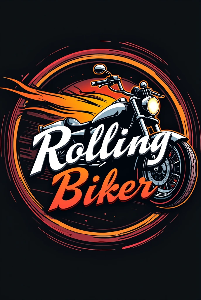 A circular motorcycle logo, with bright colors and the name ROLLING BIKER