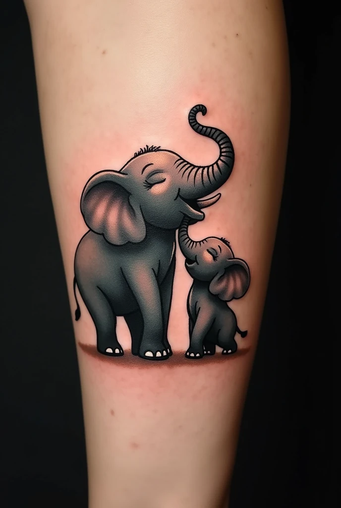 Create me an elephant tattoo that refers to mother and daughter, that represents love, in cartoon with black color
